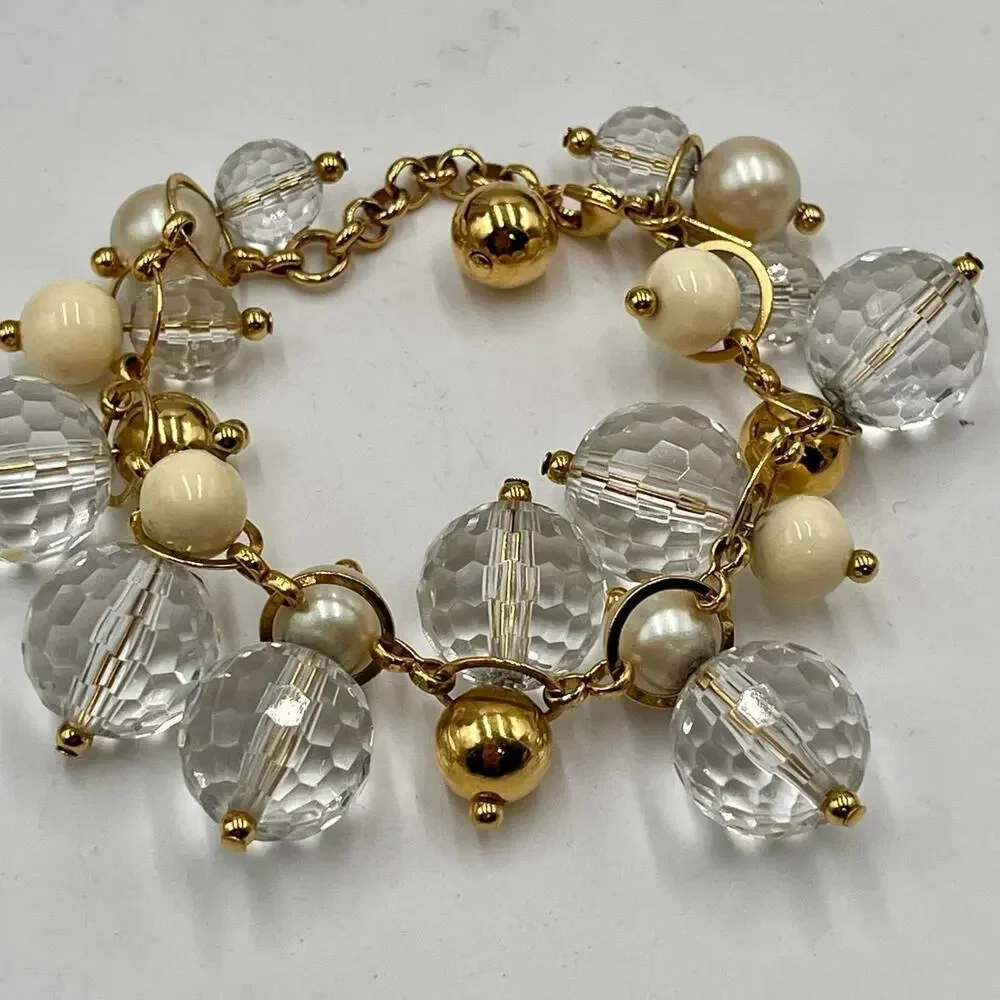 Kate Spade Signed Gold Tone Pearl and Faceted Clear Beaded Cha Cha Bracelet - Picture 1 of 9